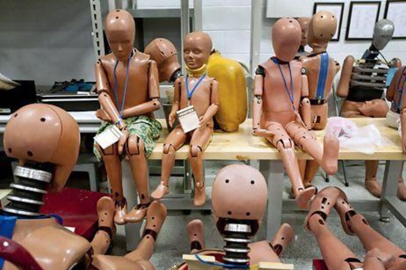 Crash-test dummies at the Humanetics Innovative Solutions facility in Huron, Ohio. The company has created a male dummy that is capable of testing chest deflections. Ty Wright / Bloomberg News