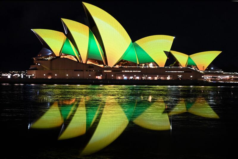 Lights on the Sydney Opera House show support for Australia's women's football team ahead of their World Cup match against Denmark. AFP