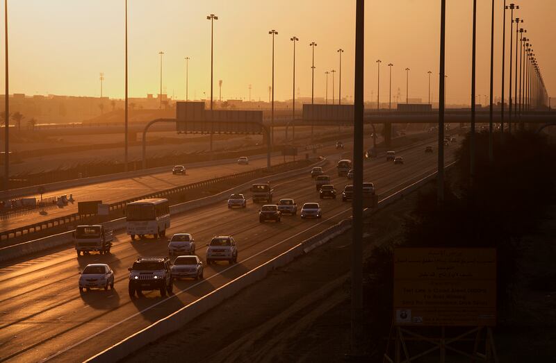 ABU DHABI, UNITED ARAB EMIRATES, Dec. 8, 2013:   
Evening traffic flows smoothly on the E11 highway near Al Raha Beach on Sunday, Dec. 8, 2013. A new Abu Dhabi - Dubai highway has been announced. it is an extension to Mohammad Bin Zayed Road; from Saih Shuaib area, Al Maha Forest and Khalifa Industrial Zone Abu Dhabi (Kizad), to join up with the Sweihan Road (E20)
(Silvia Razgova / The National)

Section: National
Reporter: James Langton
Usage: embargoed, restricted *** Local Caption ***  SR-131208-E1103.jpg