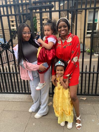 Royal fan Maggie Bromham, right, with her daughters Eliana, 4, and Ava, 2, whom she dressed as princesses for the jubilee celebrations at Buckingham Palace. The National