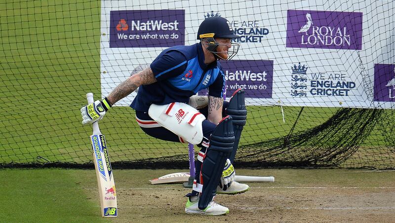 BRISTOL, ENGLAND - SEPTEMBER 23: Ben Stokes of England clutches his foot after being hit by a delivery from David WIlley of England during an England Nets Session at the Brightside Ground on September 23, 2017 in Bristol, England. (Photo by Harry Trump/Getty Images)