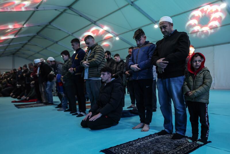 A tent mosque set up after February's powerful earthquake in Kahramanmaras, Turkey. EPA