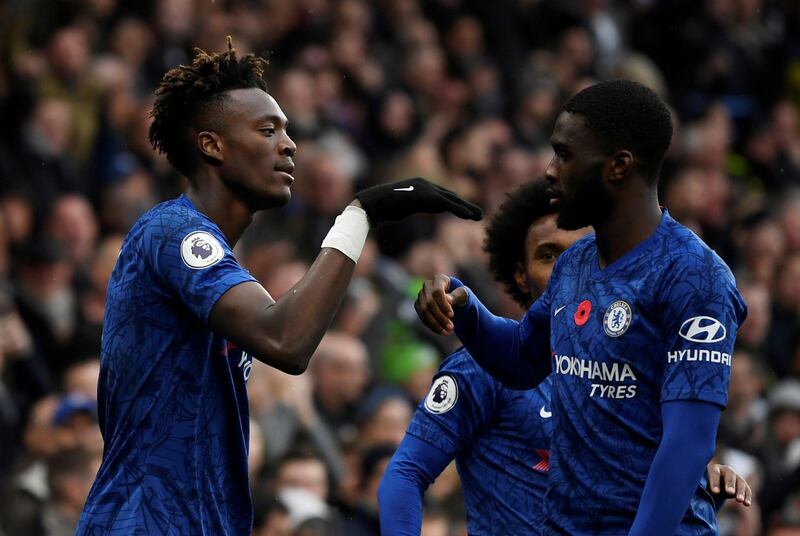 Chelsea's Tammy Abraham celebrates scoring his team's first goal against Crystal Palace at Stamford Bridge. Reuters