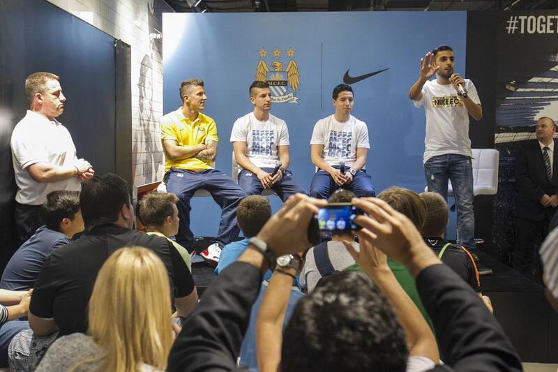 Matija Nastasic, Stevan Jovetic and Samir Nasri on stage during a Q & A session before an autograph signing at Marina Mall in Abu Dhabi on Tuesday. Mona Al-Marzooqi / The National / May 13, 2014 