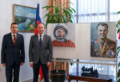 Abu Dhabi, United Arab Emirates - Yury Vidakas, Senior Counsellor & Deputy Head of Mission with Anatoly Krasnikov, Roscosmos Representative to Gulf Region at the celebration of the 60th anniversary for the first human spaceflight at the Russian Embassy. Khushnum Bhandari for The National