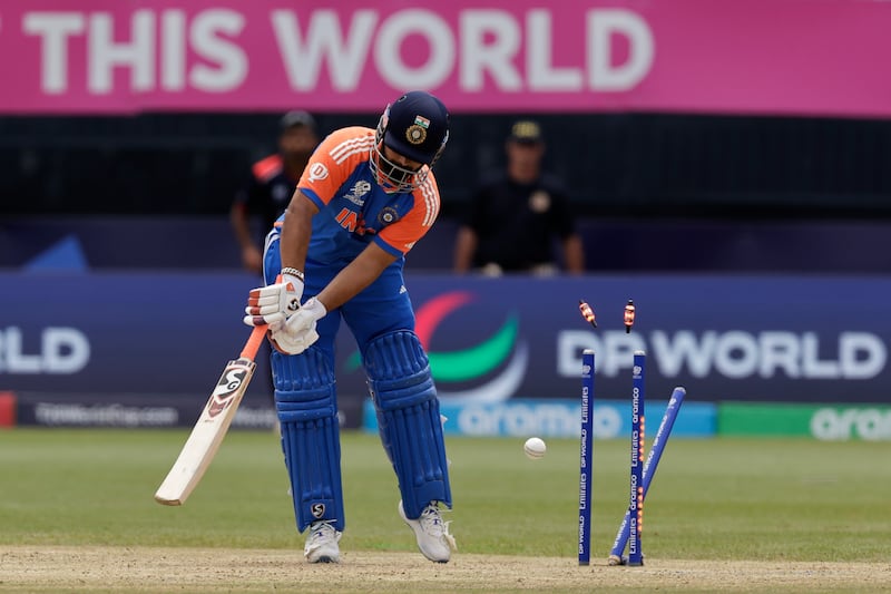 India batter Rishabh Pant is bowled by United States' Muhammad Ali-Khan for 18. AP