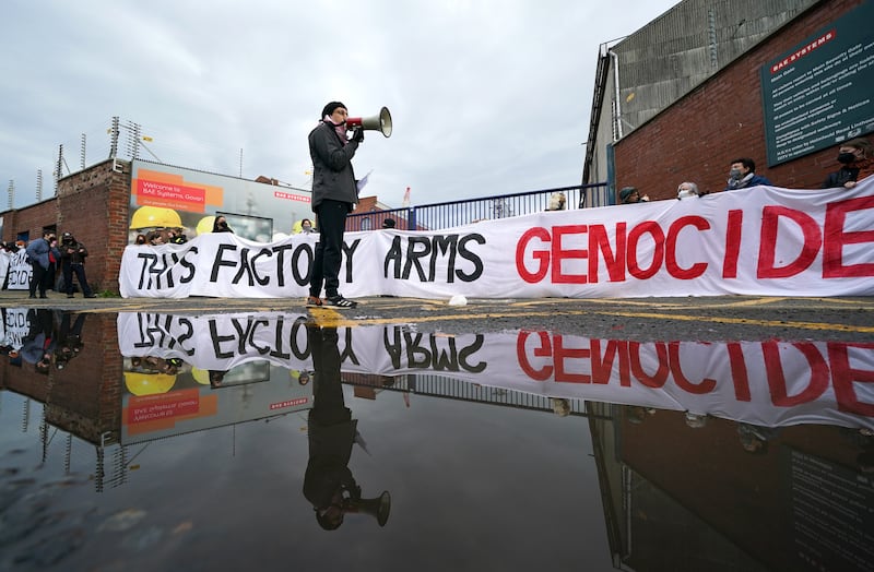 Protesters form a blockade outside weapons manufacturer BAE Systems in Glasgow, in protest over the Israel-Gaza war. PA