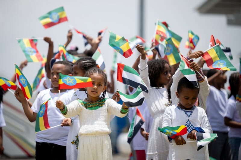 Children participate in the official reception at Addis Ababa Bole International Airport