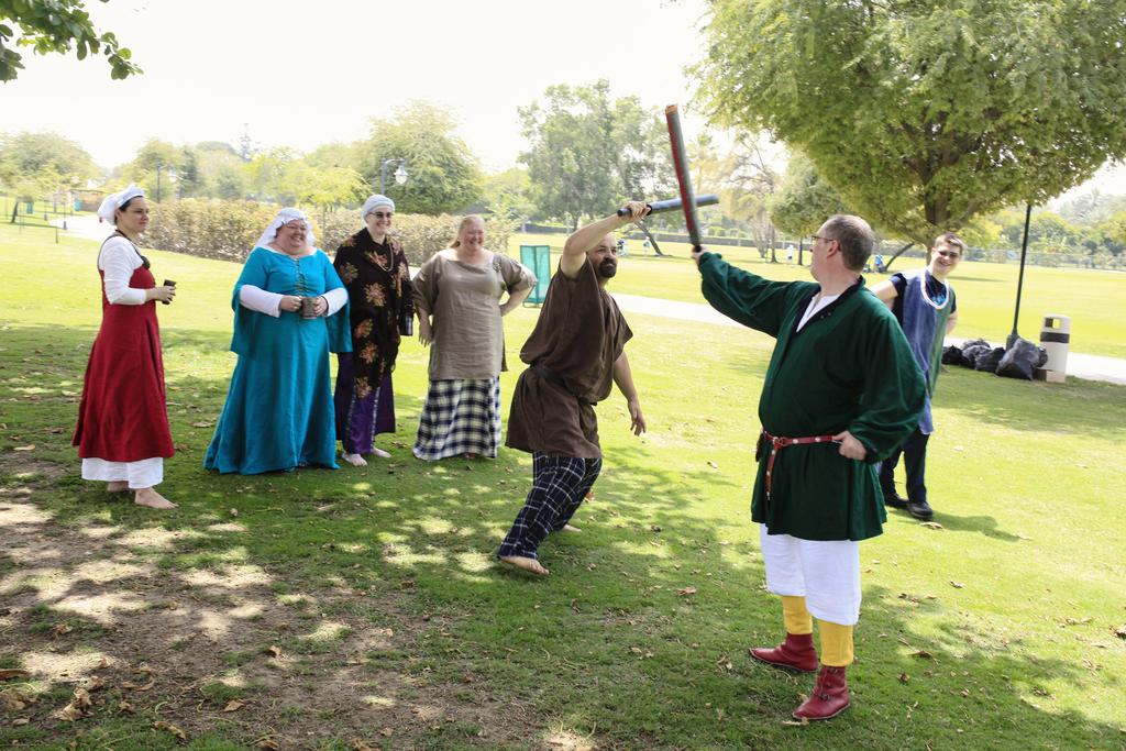 SCA spectators watch as Paul Cooper (left) practices his battle techniques with Mike Labny aka Earik in Dubai.