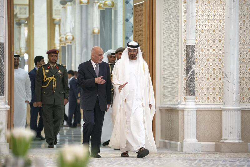 ABU DHABI, UNITED ARAB EMIRATES - March 17, 2019: HH Sheikh Mohamed bin Zayed Al Nahyan, Crown Prince of Abu Dhabi and Deputy Supreme Commander of the UAE Armed Forces (centre R), receives HE Ashraf Ghani, President of Afghanistan (centre L), during a reception at the Presidential Palace. 
( Ryan Carter / Ministry of Presidential Affairs )?