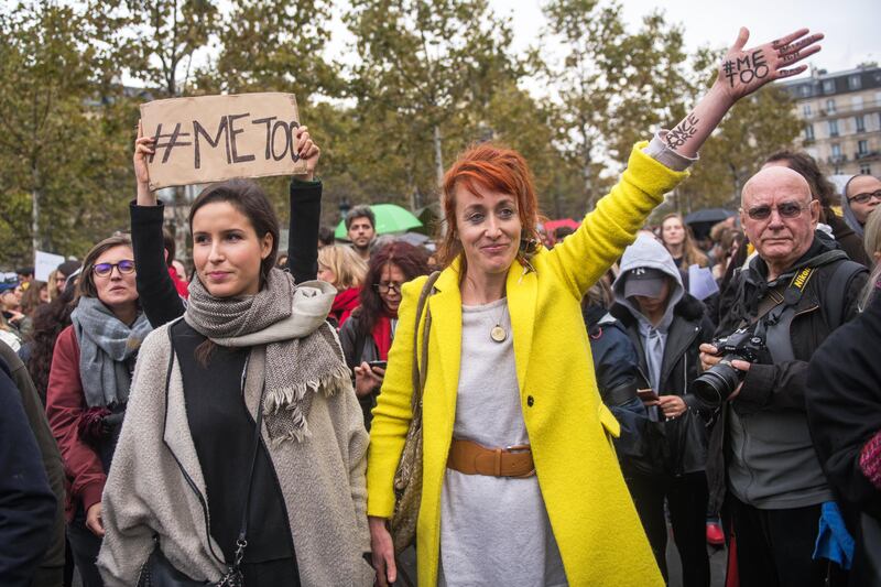 epa06296921 Woman shout slogans during a rally against gender-based and sexual violence against women, in Paris, France, 29 October 2017. The hashtag #MeToo was established in social networks aimed to encourage women to denounce their case of alleged sexual abuse.  EPA/CHRISTOPHE PETIT TESSON