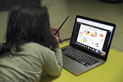 DUBAI, UNITED ARAB EMIRATES , April 9 – 2020 :- One of the student of FS 2 during the online class at her home in Masakin Al Furjan area in Dubai. All the schools are closed in the UAE as a preventive measure against coronavirus. (Pawan Singh / The National) For News/Online/Instagram.
