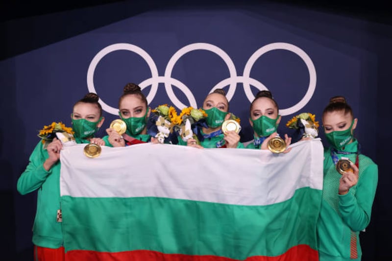 Gold medalists Team Bulgaria pose after the Group All-Around Final at Ariake Gymnastics Centre.