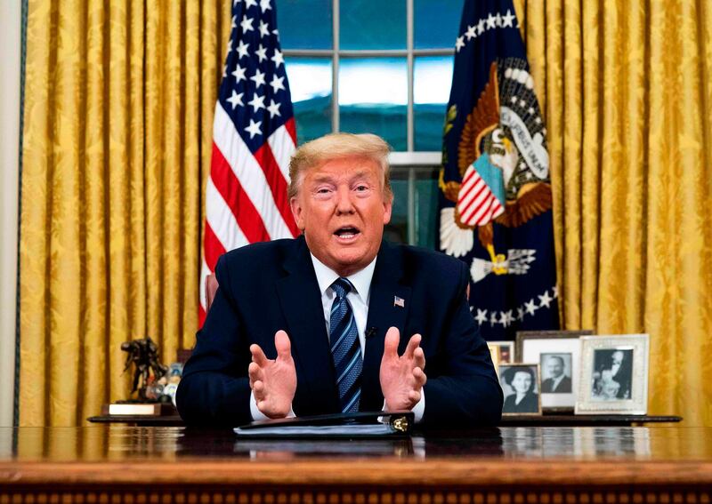 US President Donald Trump addresses the Nation from the Oval Office about the widening novel coronavirus (Covid-19) crisis in Washington, DC on March 11, 2020. President Donald Trump announced on March 11, 2020 the United States would ban all travel from Europe for 30 days starting to stop the spread of the coronavirus outbreak. "To keep new cases from entering our shores, we will be suspending all travel from Europe to the United States for the next 30 days. The new rules will go into effect Friday at midnight," Trump said in an address to the nation.
 / AFP / POOL / Doug Mills
