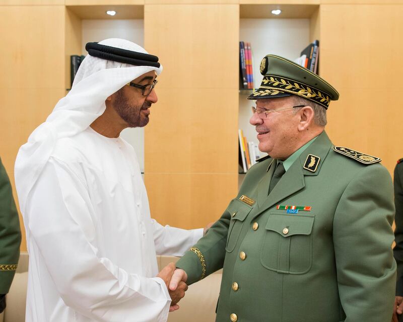 ABU DHABI, UNITED ARAB EMIRATES - January 28, 2014: HH General Sheikh Mohamed bin Zayed Al Nahyan Crown Prince of Abu Dhabi Deputy Supreme Commander of the UAE Armed Forces (L), receives Lieutenant General Ahmed Gaid Salah, Deputy Minister for National Defense of Algeria, and Chief of Staff of the Algerian Peopleâ??s National Army (R), prior to a meeting at Al Mamoura. 
( Ryan Carter / Crown Prince Court - Abu Dhabi )
---