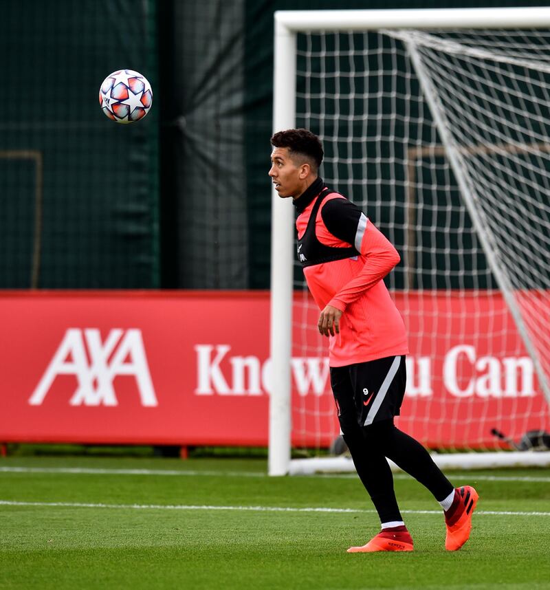 LIVERPOOL, ENGLAND - OCTOBER 20: (THE SUN OUT, THE SUN ON SUNDAY OUT) Roberto Firmino of Liverpool during a training session ahead of the UEFA Champions League Group D stage match between Liverpool FC and Ajax Amsterdam at Melwood Training Ground on October 20, 2020 in Liverpool, England. (Photo by Andrew Powell/Liverpool FC via Getty Images)