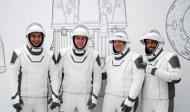 UAE astronaut Sultan Al Neyadi, right, in his SpaceX astronaut suit with fellow crew members, from left, Andrey Fedyaev,  William Hoburg and Stephen Bowen. Photo: Nasa / SpaceX