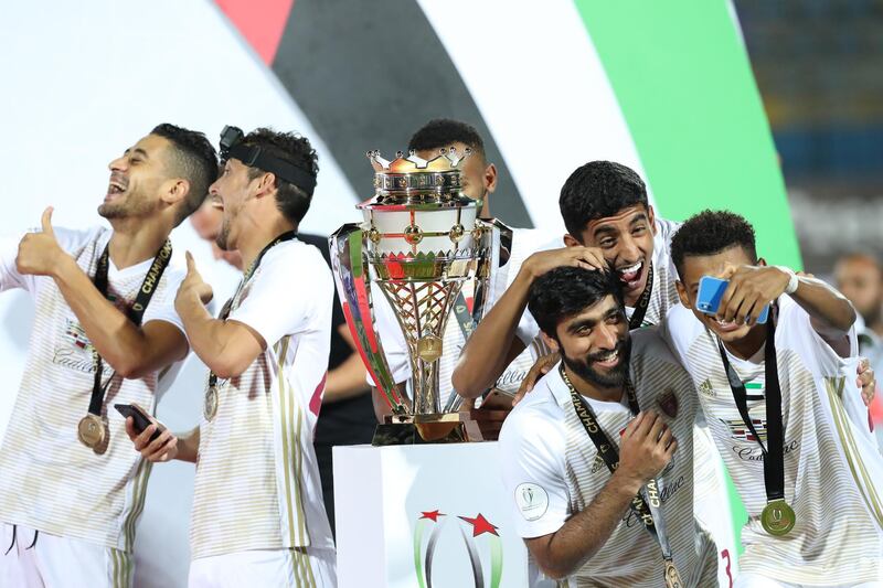 Al Wahda celebrate UAE Super Cup success following a penalty shoot-out victory over Al Ain in the Arabian Gulf Super Cup match played in Cairo, Egypt. Courtesy AGL