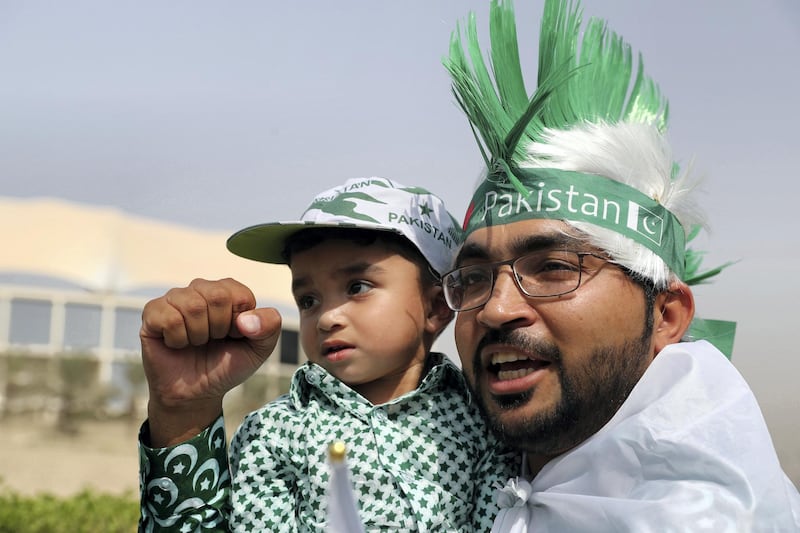 Dubai, United Arab Emirates - September 23, 2018: Pakistan fans before the game between India and Pakistan in the Asia cup. Sunday, September 23rd, 2018 at Sports City, Dubai. Chris Whiteoak / The National