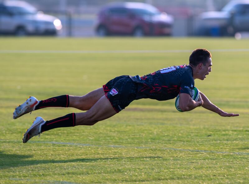 Schalk Du Preez of the Dubai Exiles scores during the first few minutes in the Premiership, Abu Dhabi Harlequins vs. Dubai Exiles at Zayed Sports City rugby fields.