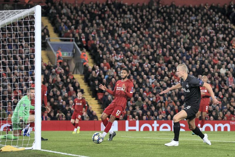 LIVERPOOL, ENGLAND - OCTOBER 02: Erling Haaland of Salzburg scores their 3rd goal during the UEFA Champions League group E match between Liverpool FC and RB Salzburg at Anfield on October 2, 2019 in Liverpool, United Kingdom. (Photo by Simon Stacpoole/Offside/Offside via Getty Images)