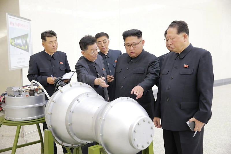 North Korean leader Kim Jong Un provides guidance on a nuclear weapons program in this undated photo released by North Korea's Korean Central News Agency (KCNA) in Pyongyang September 3, 2017.  KCNA via REUTERS    ATTENTION EDITORS - THIS PICTURE WAS PROVIDED BY A THIRD PARTY. REUTERS IS UNABLE TO INDEPENDENTLY VERIFY THE AUTHENTICITY, CONTENT, LOCATION OR DATE OF THIS IMAGE.  NOT FOR SALE FOR MARKETING OR ADVERTISING CAMPAIGNS. NO THIRD PARTY SALES. NOT FOR USE BY REUTERS THIRD PARTY DISTRIBUTORS. SOUTH KOREA OUT. NO COMMERCIAL OR EDITORIAL SALES IN SOUTH KOREA. THIS PICTURE IS DISTRIBUTED EXACTLY AS RECEIVED BY REUTERS, AS A SERVICE TO CLIENTS.          TPX IMAGES OF THE DAY