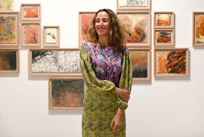 Contemporary Lebanese artist Chafa Chaddar at the Tabari Artspace booth in Abu Dhabi Art. Khushnum Bhandari / The National