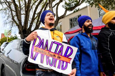 Gupreet Singh, left, protests against the Indian government outside the Indian consulate in San Francisco. A similar disturbance took place in London.  (AFP)