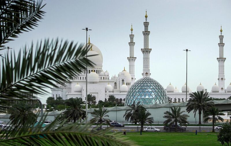 Abu Dhabi, United Arab Emirates, March 16, 2020.  Gloomy weather and light rain showers at the Sheikh Zayed Grand Mosque, Abu Dhabi.
Victor Besa / The National