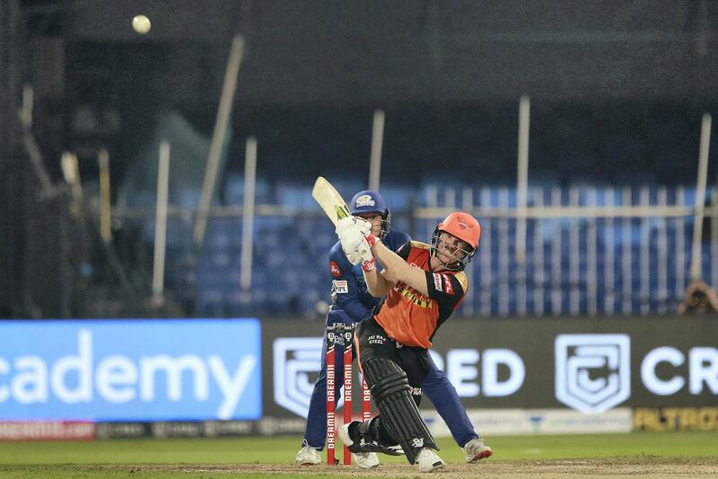 David Warner of Sunrisers Hyderabad plays a shot during match 56 of season 13 of the Indian Premier League (IPL ) between the Sunrisers Hyderabad and the Mumbai Indians  held at the Sharjah Cricket Stadium, Sharjah in the United Arab Emirates on the 3rd November 2020.  Photo by: Rahul Gulati  / Sportzpics for BCCI