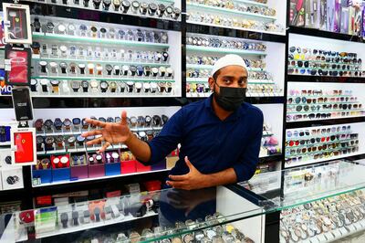 Nizamudeen at his shop in Meena Bazaar area in Bur Dubai in Dubai on April 5,2021. Pawan Singh / The National. Story by Sarwat