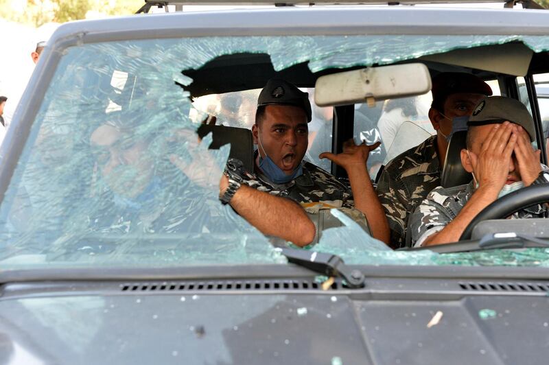 The damaged windshield of a vandalised police car by the anti-government protesters during a protest on the road leading to the presidential palace in Baabda, east Beirut.  EPA