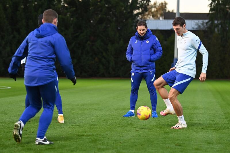 COBHAM, ENGLAND - NOVEMBER 19:  Frank Lampard and Andreas Christensen of Chelsea during a training session at Chelsea Training Ground on November 19, 2020 in Cobham, United Kingdom. (Photo by Darren Walsh/Chelsea FC via Getty Images)