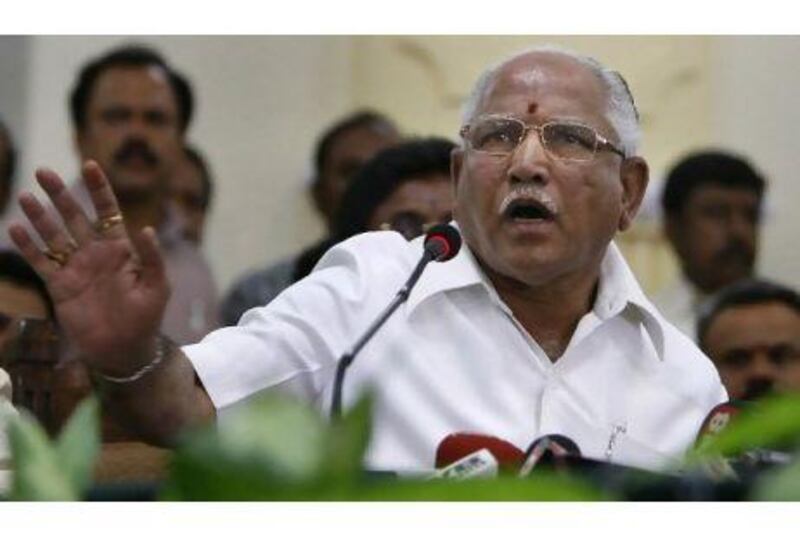 The BJP Party leader, BS Yeddyurappa, defends himself against corruption charges at a conference in Bangalore on Monday. Aijaz Rahi / AP Photo
