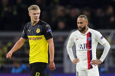 epa08226909 PSG's Neymar (R) and Dortmund's Erling Braut Haland (L) react during the UEFA Champions League round of 16 first leg soccer match between Borussia Dortmund and Paris Saint-Germain in Dortmund, Germany, 18 February 2020. EPA/FRIEDEMANN VOGEL