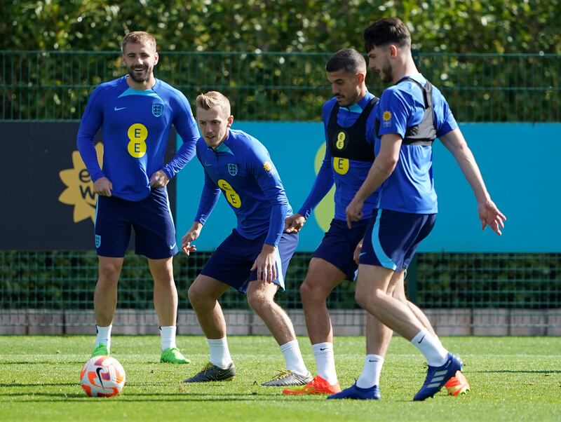 England's Luke Shaw, James Ward-Prowse, Conor Coady and Declan Rice. 