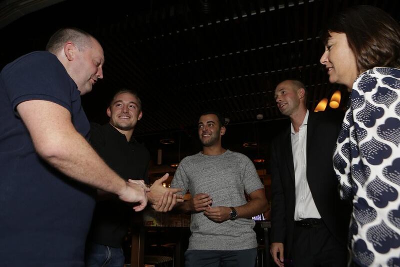 From left, Chris Battle, Sam Barrett, Daniel Djokaran, James Hodgetts and Joanne Alford during the last Property Hub Meetup in Dubai. Jeffrey Biteng / The National 