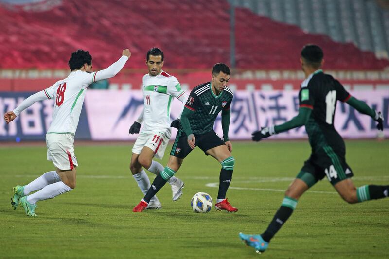 UAE forward Caio Canedo in possession against Iran. AFP