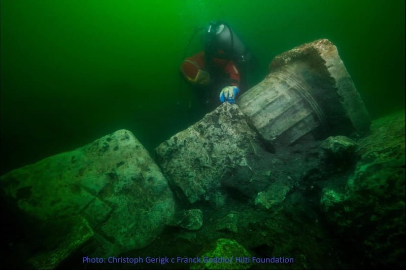 Ancient columns from a temple found by divers in the submerged Egyptian city of Heracleion. Courtesy Egypt Ministry of Antiquities