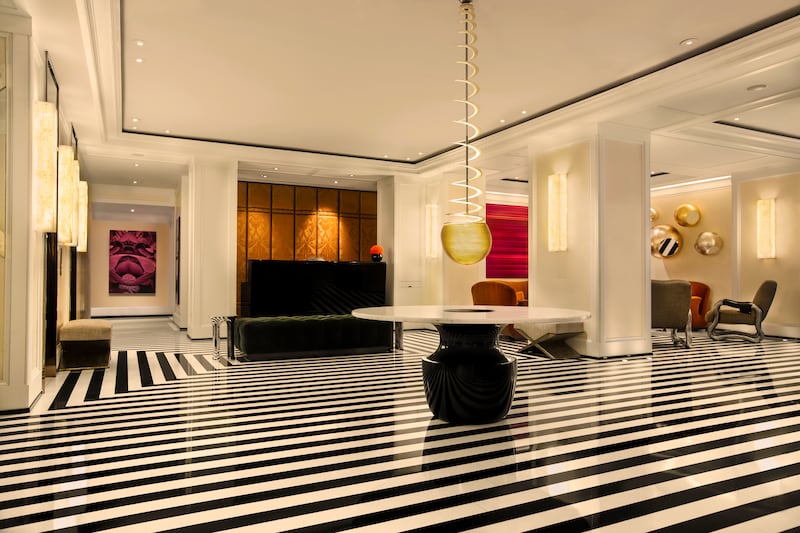 The Jacques Grange-designed monochromatic lobby at The Mark, New York.