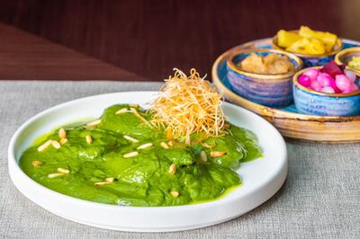 Palak murgh, a spinach curry dish at Kinara by Vikas Khanna