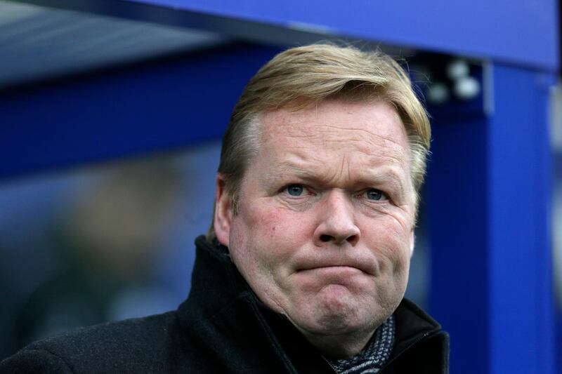 FILE - In this Saturday, Feb. 7, 2015 file photo, Southampton manager Ronald Koeman looks across the pitch ahead of the English Premier League soccer match between Queens Park Rangers and Southampton at Loftus Road, London, England. Premier League club Everton have fired manager Ronald Koeman, according to reports on Monday Oct. 23, 2017. (AP Photo/Tim Ireland, File)