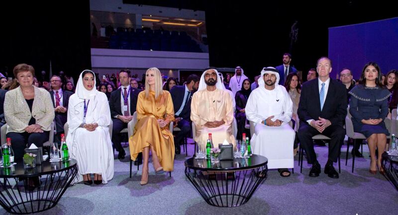 Mohammed bin Rashid, accompanied by Hamdan bin Mohammed and IIvanka Trump, daughter and advisor to the President of the United States Donald Trump, while attending the official opening of the Women's forum , which is organized by the Dubai Women‚Äôs Foundation. courtsey: Dubai Media office twitter account
