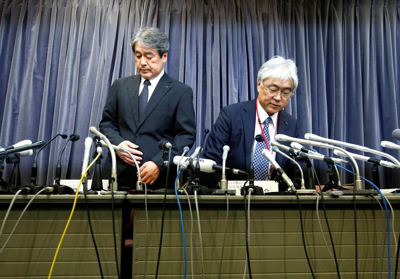 KYB Corp Senior Managing Executive Officer Keisuke Saito and Kayaba System Machinery Co President Shigeki Hirokado attend a press conference in Tokyo, Japan. Issei Kato / Reuters