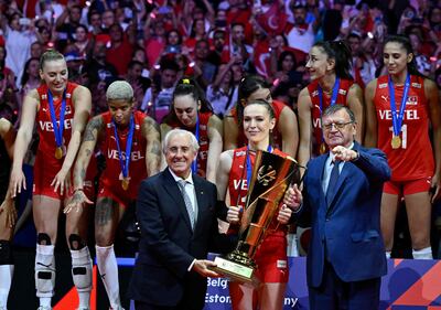 Turkish players celebrate after winning the Women's EuroVolley 2023 final against Serbia in Brussels on Sunday. AFP