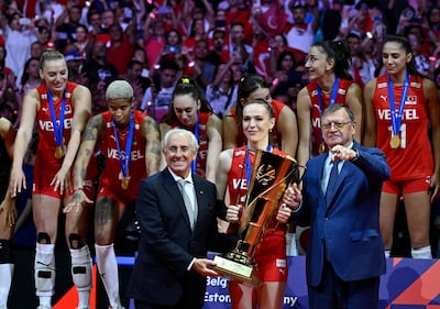 Turkish players celebrate after winning the Women's EuroVolley 2023 final against Serbia in Brussels on Sunday. AFP