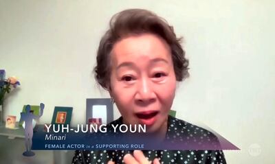 In this video grab provided by the SAG Awards, Yuh-Jung Youn accepts the award for outstanding performance by a female actor in a supporting role for "Minari" during the 27th annual Screen Actors Guild Awards on April 4, 2021. (SAG Awards via AP)