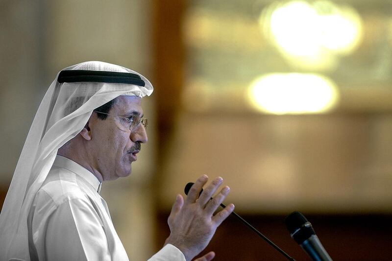 Sultan Al Mansouri, the Minister of Economy, addresses the FNC during a night session at the council’s headquarters in Abu Dhabi last June. Mona Al Marzooqi/ The National