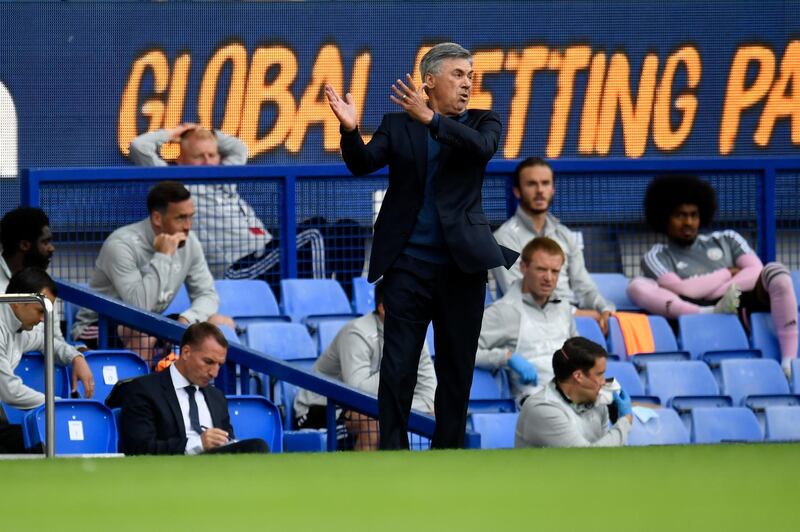 Everton's manager Carlo Ancelotti gives directions to his players at Goodison Park. AP