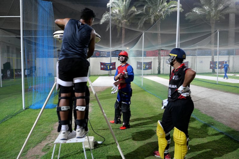 Hassan Khan (center) the son of Afghanistan/IPL star Mohammed Nabi, during the training at Sharjah Cricket Academy in Sharjah on May 10,2021. Pawan Singh / The National. Story by Paul